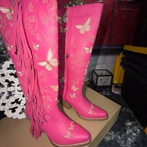 Dingo Retro Hot Pink Knee High Embroidered Leather Boots NWT Size 7